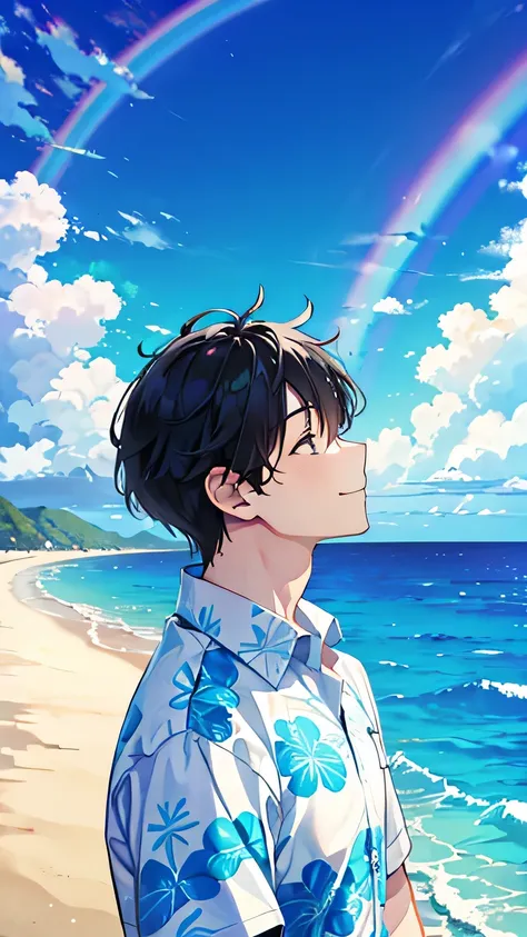 Highest quality、Young man looking up at the sky、smile、profile、Beautiful blue sky、rainbow、Ocean、California、Wearing an Aloha shirt、Black Hair、1 male