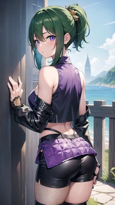 shinobukuki, shinobu kuki, green hair, hair between eyes, ponytail, short hair, (purple eyes:1.1),
BREAK armor, bare shoulders, black gloves, cropped jacket, fishnet top, fishnets, gloves, gold trim, hair ornament, jacket, leg armor, midriff, off shoulder,...