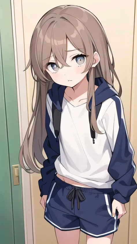 Girl, ( light brown hair :1.5), (gray eyes:1.3), (big eyes: 1.1), (sagging eyes: 1.5), (very long hair:1.1), hair between eyes, cyan long-sleeved hoodie, white T-shirt, dark blue shorts, white sneakers, (flat chest), (straight hair), very short, only , dro...