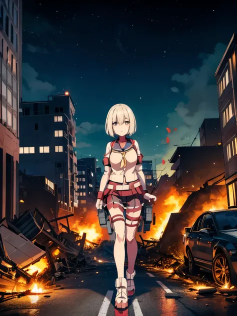 analog illustration style　 ((Destroyed city in flames)) ((Fire)) ((Destroyed buildings)) ((Destroyed cars)) ((Pile of rubble)) ((Hamakaze (KanColle))) ((Short hair)) ((Bob cut))　 90s Giant Girl on the Road in the Big City Uniform Skirt ((Dim cloudy sky)) F...