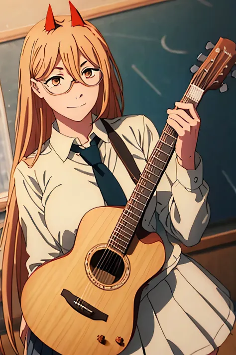 prompt woman in school clothes and with a guitar