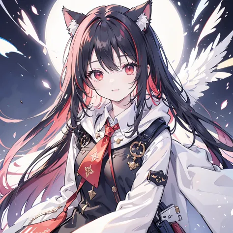 (((fantasy　black hair　dye the inside of your hair red　long hair　dull red eyes　cat ear　beastman　pad)))　((i have a crystal　uniform...