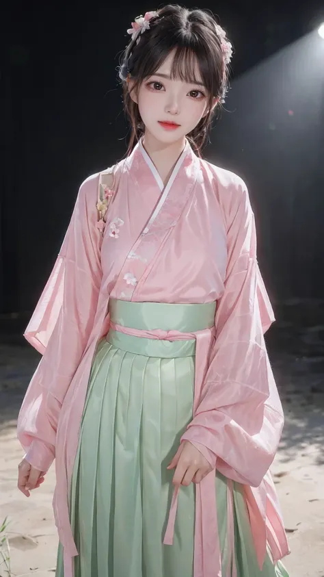 1girl,(hanfu, pink short shan,  gradient green pleated skirt, pink songmo),(upper body:1.5),face focus, ultra high res, (photorealistic:1.4), raw photo,16K,dramatic lighting,