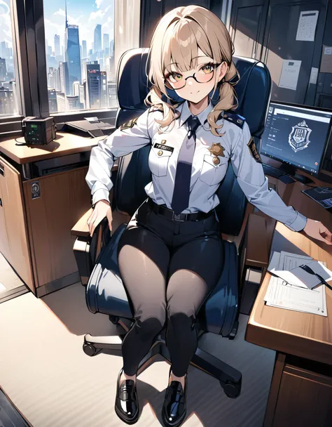 masterpiece, best quality, medium breasts, solo, single, (light blond hair, medium hair, pigtail hair, hazel eyes, bangs), (full body), city backdrop, police backdrop, standing, smile, :p, looking at viewer, japanese police uniform, (glasses), (white shirt...