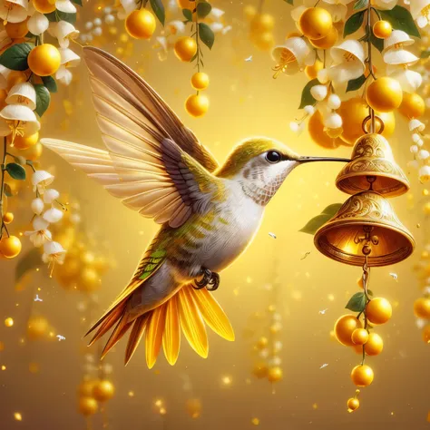 to happily jingle golden yellow hummingbirds, berries white hanging petals nectar, 8k resolution

