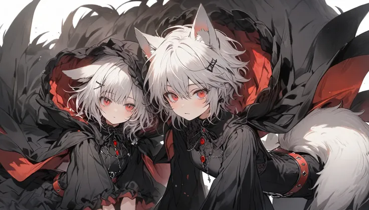 （Silver Hair 1.3），Very Short Hair,Red Eyes，Wolf ears,Wolf Girl　Sleepiness　mysterious　Gothic　Black Costume　Belt on torso