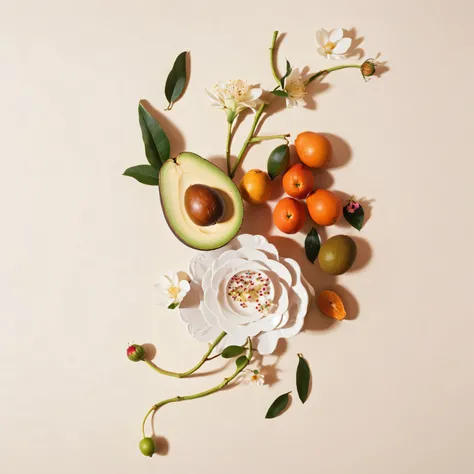 there is a plate with a flower, avocado, and other fruits, still life photo of a backdrop, made of flowers and fruit, fruit and flowers, made of fruit and flowers, made of flowers and berries, food styling, inspired by Rachel Ruysch, playful composition, b...