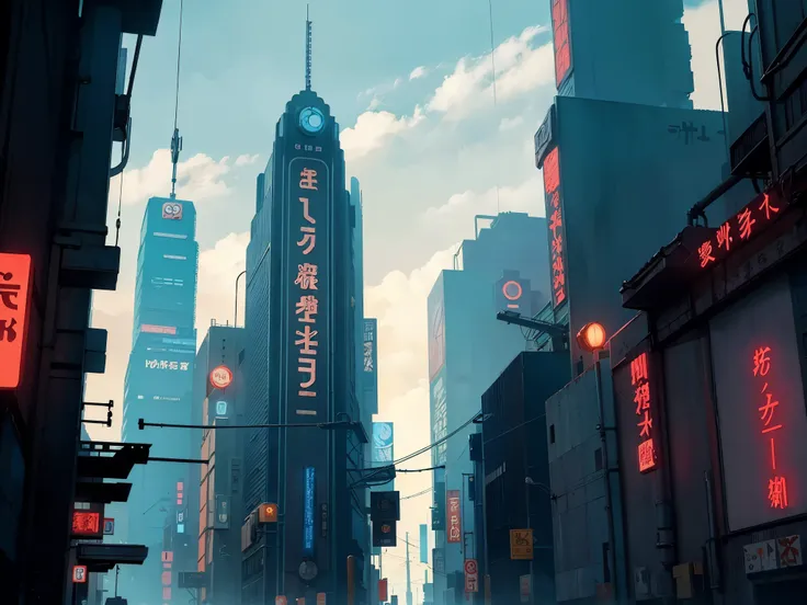 from studio ghibli movie, cyberpunk city street, street view, clouds on blue sky, designed by hayao miyazaki, retro anime