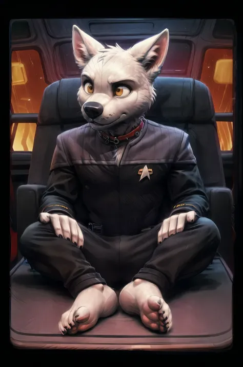 (((Barefoot furry character, full body, cinematic setting, furry male, plantigrade)))
(((Bolt))) (anthro dog with white fur, very cute and young looking face, big black snout), exudes confidence and authority as he sits in the captains chair, and his Sta...