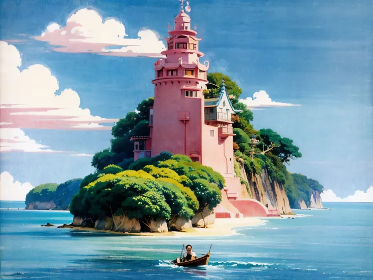 from studio ghibli movie, pink vivid island paradise, muiltiple colors, view on foot, designed by Hayao Miyazaki, retro anime