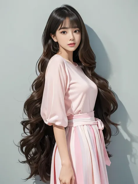 １woman　((Waist up shot:!!!))　(( wearing Pink Skirt and striped top leaning against a wall, Wearing a long, loose skirt, Wearing long, loose clothing, Long skirt, Wide skirt, Wearing long, loose fabric, Pink Skirt, Pink clothes, Dressed in fluent clothes, w...