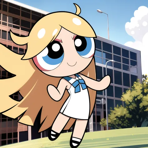 brown long hair, smile, chibi, full body,1girl, brown eyes, white blue dress, school background