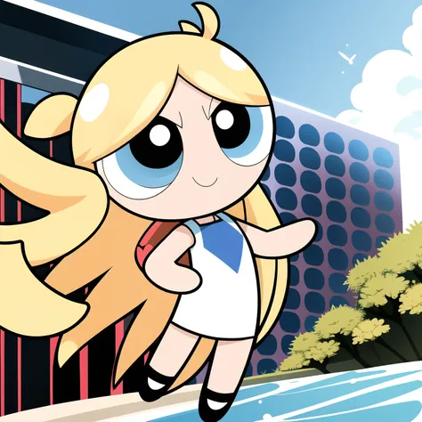 brown long hair, smile, chibi, full body,1girl, brown eyes, white blue dress, ocean beach background,
