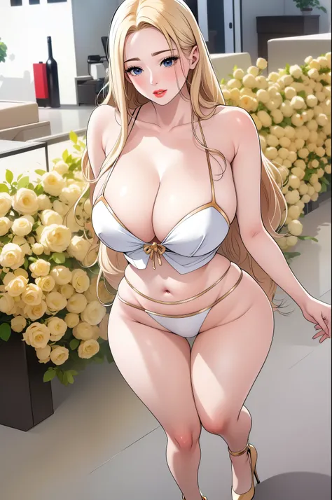 An extremely beautiful stunning busty woman, with gold blonde long silky hair, big blue eyes, extremely super bright snow white fair stunning flawless glowing lush shiny flawless white skin, a perfect tight hourglass figure, and a skinny waist, sexy thick ...