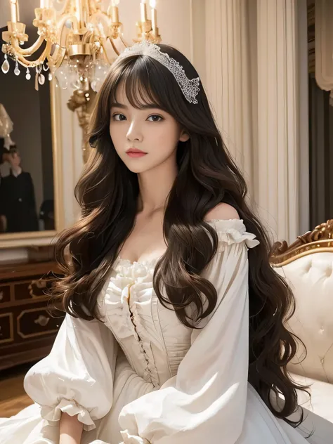 １woman　((Waist up shot:!!!))　(( wearing　Victorian Pure White Dress, Rococo frill dress, Victorian style clothing, Rococo Dress, Victorian dress, Victorian style costume, Rococo dress, Fantasy Dress, Fantasy style clothing, Pure white dress, intricate Victo...