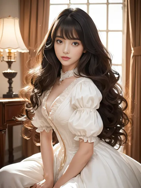 １woman　((Waist up shot:!!!))　(( wearing　Victorian Pure White Dress, Rococo frill dress, Victorian style clothing, Rococo Dress, Victorian dress, Victorian style costume, Rococo dress, Fantasy Dress, Fantasy style clothing, Pure white dress, intricate Victo...