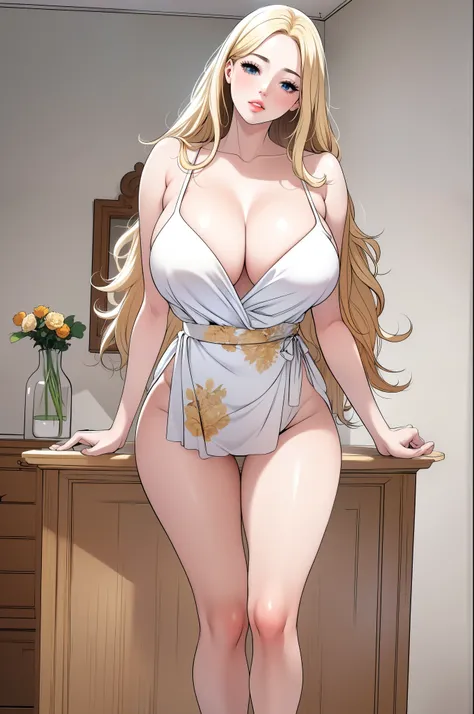 An extremely beautiful stunning busty woman, with gold blonde long silky hair, big blue eyes, extremely super bright snow white fair stunning flawless glowing lush shiny flawless white skin, a perfect tight hourglass figure, and a skinny waist, sexy thick ...