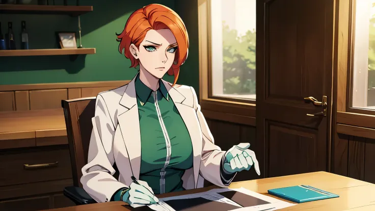 Moira from Overwatch, a tall grumpy woman with shirt ginger hair and green eyes. Wearing lab coat and long gloves. Experimenting on a nude muscular man who is tied to a lab desk