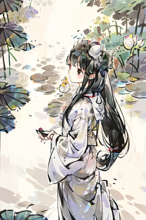 Black-haired girl，lotus，rainwater