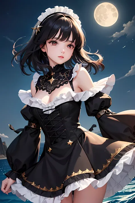 (Highest quality、Highest quality、Masterpiece、Very delicate、Very detailed、Exquisite、16K、Full HD)、1 female、(Black shiny gothic lolita dress、Décolleté dress、Golden embroidery、Silver embroidery、Frill mini skirt dress、Skirt in the wind、White frills)、Perfect bod...