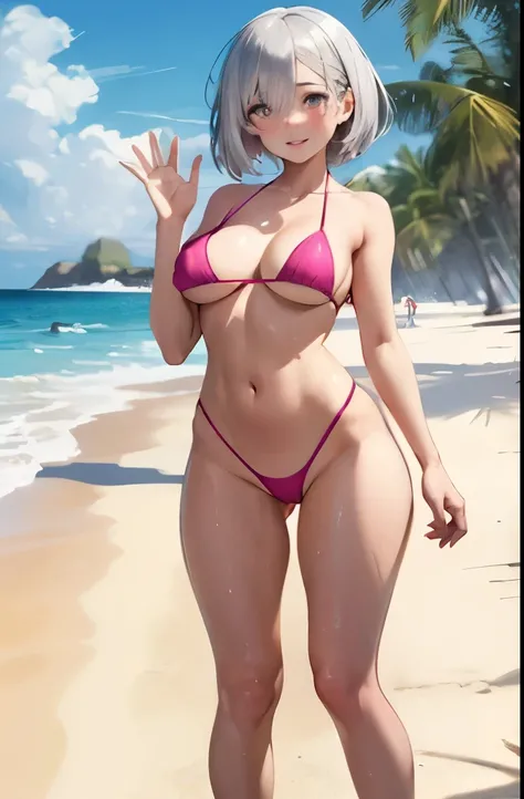 (((masterpiece))), best quality, full body, expressive eyes, perfect face, silver eyes, bob cut, silver hair, ((neon pink colored micro bikini, sideboob:1.0, underboob:0.9)), (election of nipples:1.0), (((cameltoe:0.8))), smile, blush, hairs between eyes, ...