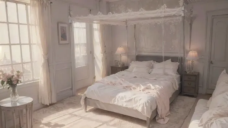 there is a bed with a canopy in a room with a window, Soft morning lighting, soft light atmosphere, Soft morning light, bedroom background, Soft colors, Natural light in the room, bed room, a sunny bedroom, soft light dull mood, in a bedroom, dim bedroom, ...