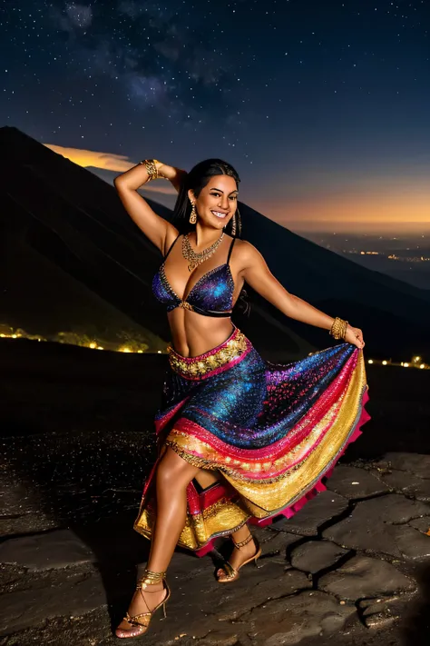 bellissima,1 40 year old woman dancing, smiling, jewelry, breasts, ((dancing1.4)), dancing on top of a volcano, silk dress, tan skin, bracelet, navel, earrings, solo focus, anklet, night, starry background, long hair, necklace, blurry, cleavage, black hair...