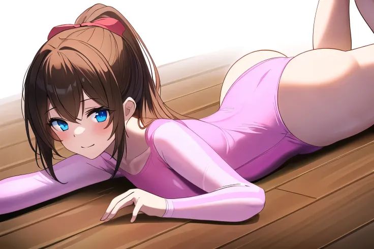 a naked woman laying on her stomach with long hair on her chest, 1girl, athletic leotard, solo, lying, on stomach, leotard, gymnastics, blue eyes, looking at viewer, ribbon, brown hair, ass, pink leotard, pink ribbon, long hair, barefoot, blush, bangs