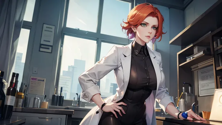 Moira from Overwatch, a tall grumpy woman with shirt ginger hair and green eyes wearing a lab coat. Shes examining the genitals of male patient 