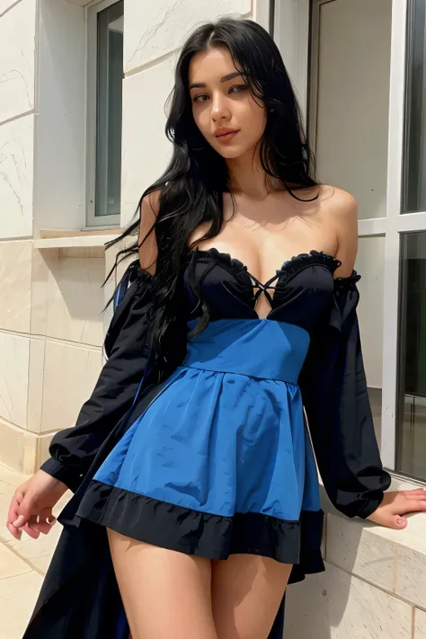 arafat woman, long black hair, A beautiful girl with a blue dress, sexy