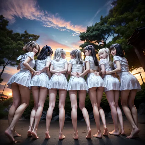 ((ExtremelyDetailed (12 KAWAII Girls in a row:1.37) in WHITE at Dusk Enoshima Beach)), (masterpiece 8K TopQuality) (CommercialPhoto:1.37), {(Standing Full Body:1.2)|(from below:1.2)}, Different types of hair colors, {School Uniform|naked bandage|tutu}, PUN...