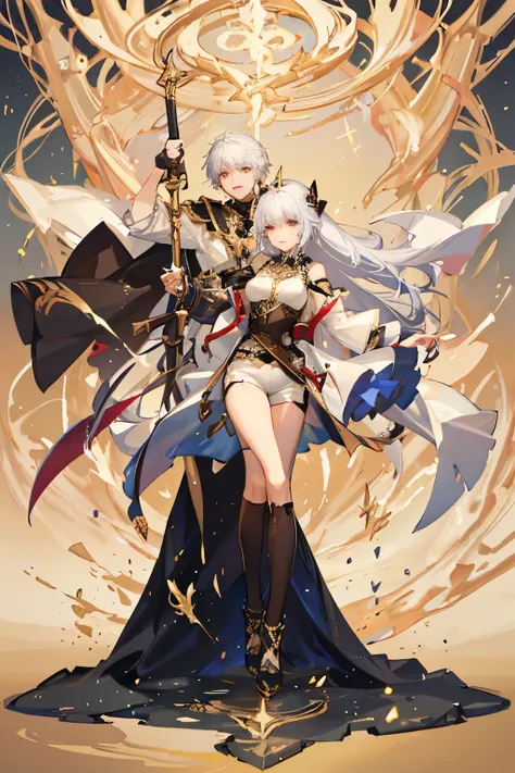 Duo, a boy and a girl, 19 years old, white shorts hair, gold eyes, fantasy military outfit, holding a magic sword, crowd, front view,splash art, dynamic pose, full body, rose magic, sparkle, details art, 32K, white background , character design sheet