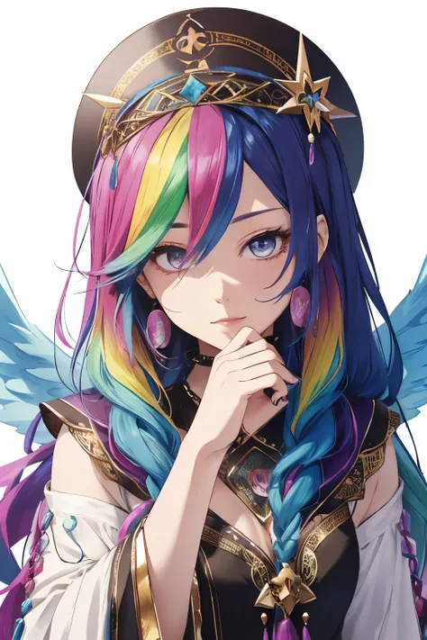 I want to make a fortune teller icon。female。Her hair and clothes are bright rainbow colors.。Angel motifs。God-like、Close-up of face、Sister Character、wing、Fluffy atmosphere、Wearing a gown、square
