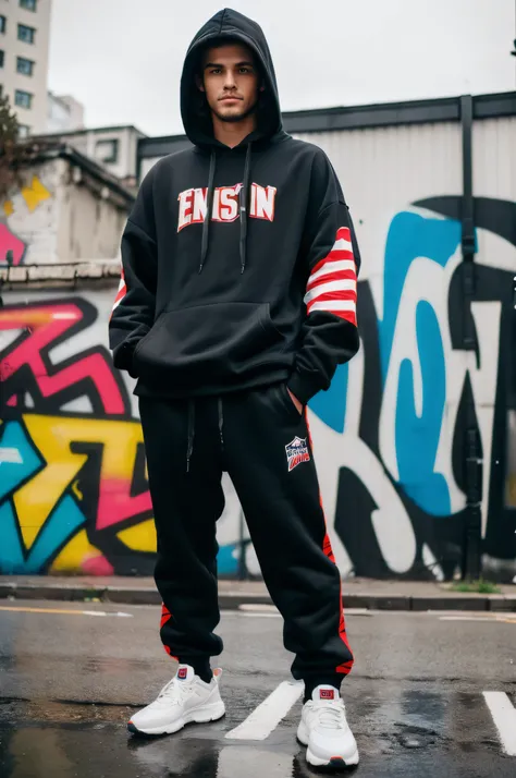 A young and strong European and American man，Wearing a hooded sweatshirt and pants suit，Standing on a graffiti-covered street，full-body shot，8K，Hyperrealism