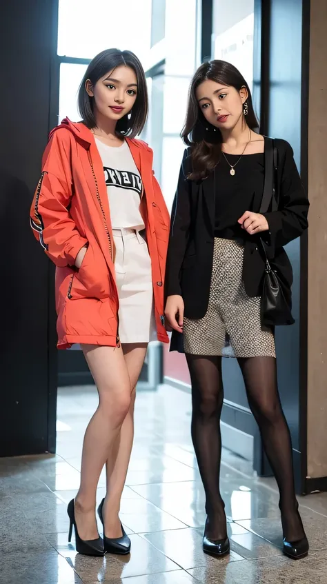 Delicate makeup，Two women standing side by side、、Cool Beauty,　Accurately express the fine details of the face and skin texture,(The most beautiful face and eyes), Delicate skin,Looking into the camera、short hair、smile、Jacket、shirt、((Are standing:1.3))、(Lig...