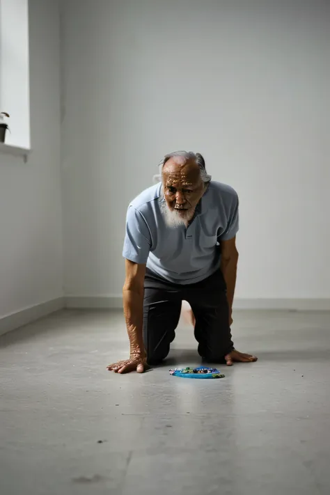 an old man searching for a contact lens that fell on the floor