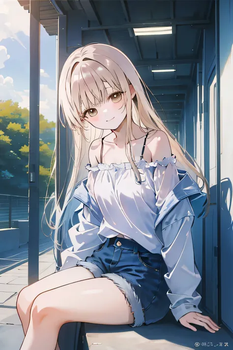 Best masterpiece, anime coloring, ultra-detail, 8k、((Sitting on the open corridor))、summer, morning, sun、White off-shoulder jeans with shorts、from below、looking down、smile