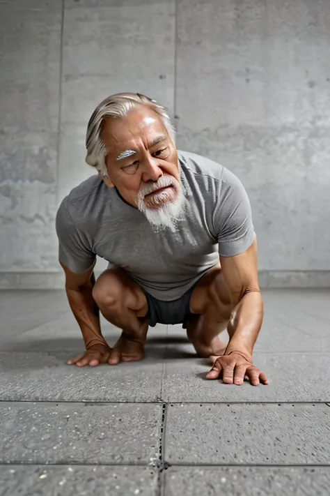 a grey-haired man puts his face close to the floor to search for a dropped contact lens、from the side、whole body