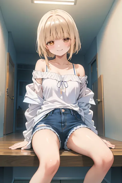 Best masterpiece, anime coloring, ultra-detail, 8k、((Sitting on the open corridor))、summer, morning, sun、White off-shoulder jeans with shorts、from below、looking down、smile