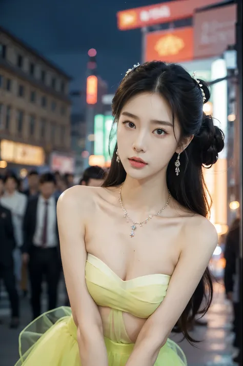 (((best quality))),(((ultra detailed))),(((masterpiece))),illustration,((1 beautiful girl,solo,korean princess)),((strapless see through gorgeous sheer bra)),((slim,thin,small breasts,flat chest)),bun hair,((city streets,night scene)),delicate features,(tr...