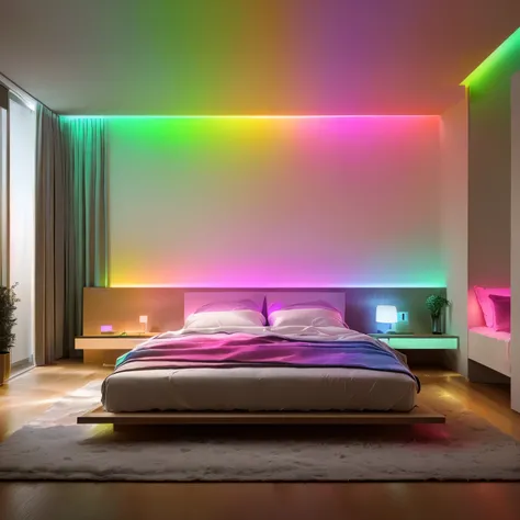 arafed bedroom with a bed and a colorful light in the ceiling, led light strips, neon accent lights, colorful lighting, neon ambient lighting, with neon lighting, dramatic colorful lighting, colored lighting, soft calm warm neon atmosphere, room lighting, ...