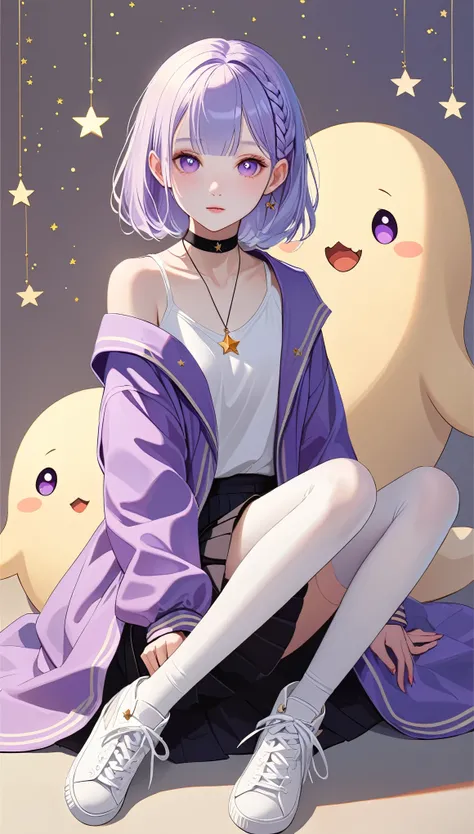 (in style of Benton Jew:0.9),in style of by Liu Ye，1 Girl，Female ghost，Black neck ring，Four-pointed star pendant necklace，Purple pupils，short hair，Soaring braid，skinny,White T-shirt，One shoulder exposed，Half-taken purple coat，Pale skin，sit on the floor，Whi...