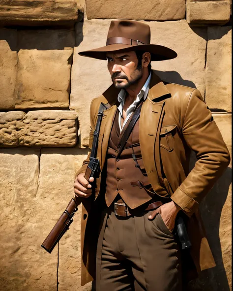 In the style of Argerm, A Man From Indiana Jones Series, Wear Brown Hat, Brown Jacket, Handsome Man, Holding Gun in Ancient Temple, Half Body, Left hand wear old clock, (Background Ancient Temple), In the dark,