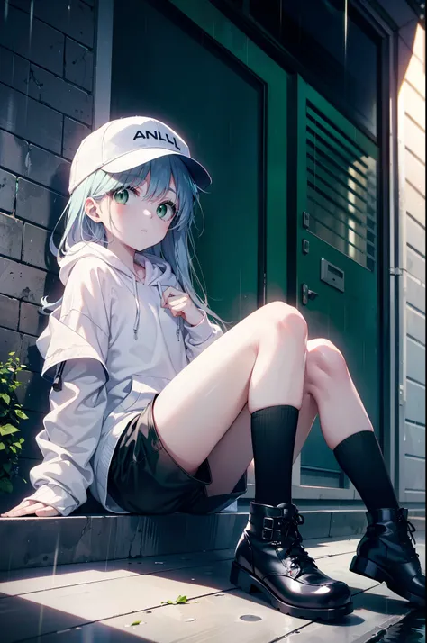 index, index, (Green Eyes:1.5), Silver Hair, Long Hair, (Flat Chest:1.2),Baseball hats,Oversized white hoodie,Shorts,black tights,short boots,Sitting on the steps of a building leaning against a wall,Hiding in a roofed building,rain,cloudy,whole bodyがイラストに...