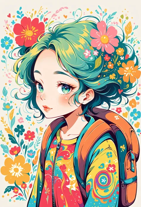 itabamoe style, Stylish design，Stylish fashion，My backpack is full of happy spring，Simple Line Initialism，Abstract art，Urban Background, (((The most beautiful girl))), Lips in Love, colorful flowers
