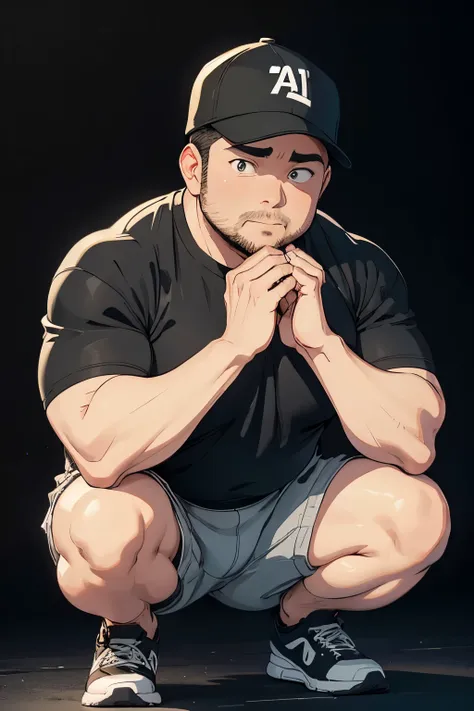 A 35-year-old overweight man squatting、Black Background、Black cap、Black T-shirt、whole body