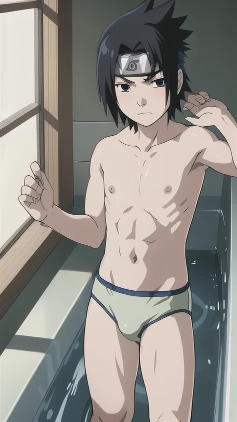 Sasuke, shirtless, swimwear, underwear, briefs, muscle growth, bathtub, bathing, 12-year-old boys,