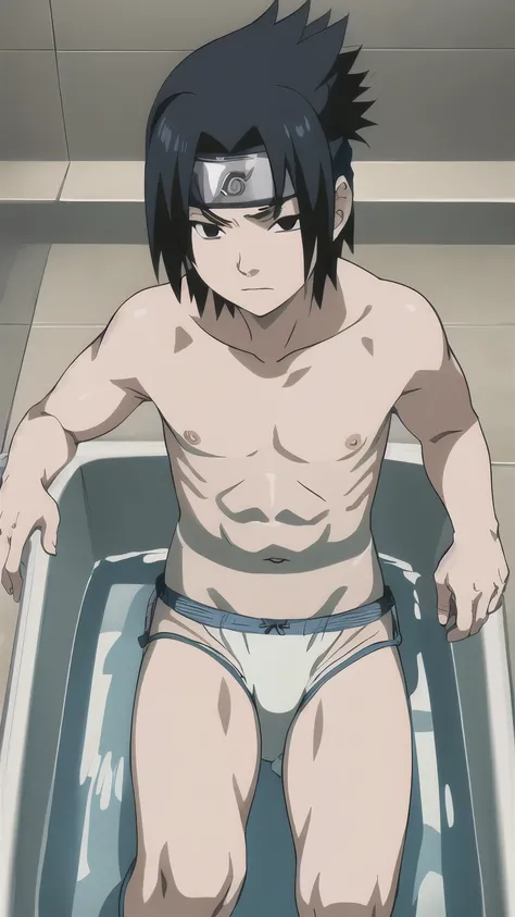 Sasuke, shirtless, swimwear, underwear, briefs, muscle growth, bathing, bathtub, 12-year-old boys,