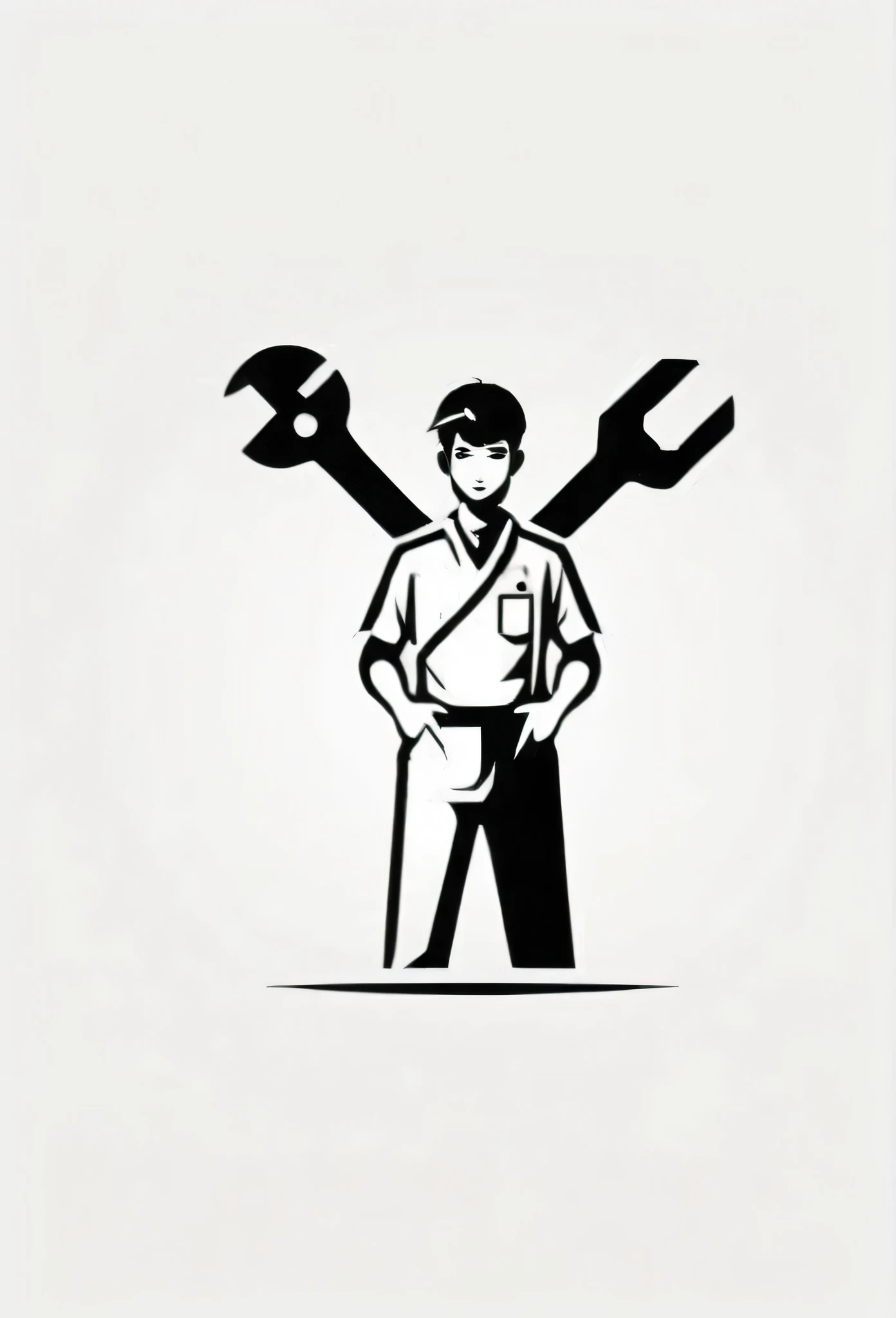 Logo of a Japanese industrial company. Small spanner etc.、The logo features a person working diligently with tools. It is a chic and modern design with a monochrome background that is pure white.