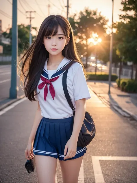 beautiful high school girl, anime style, detailed face, wearing a sailor uniform with short sleeves, carrying a gym bag, large bust, wearing shorts, walking home from school, sunset lighting, warm evening atmosphere, detailed background with school and str...